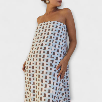 Hazel - Vestido Maxi Geométrico Único con Hombros Descubiertos