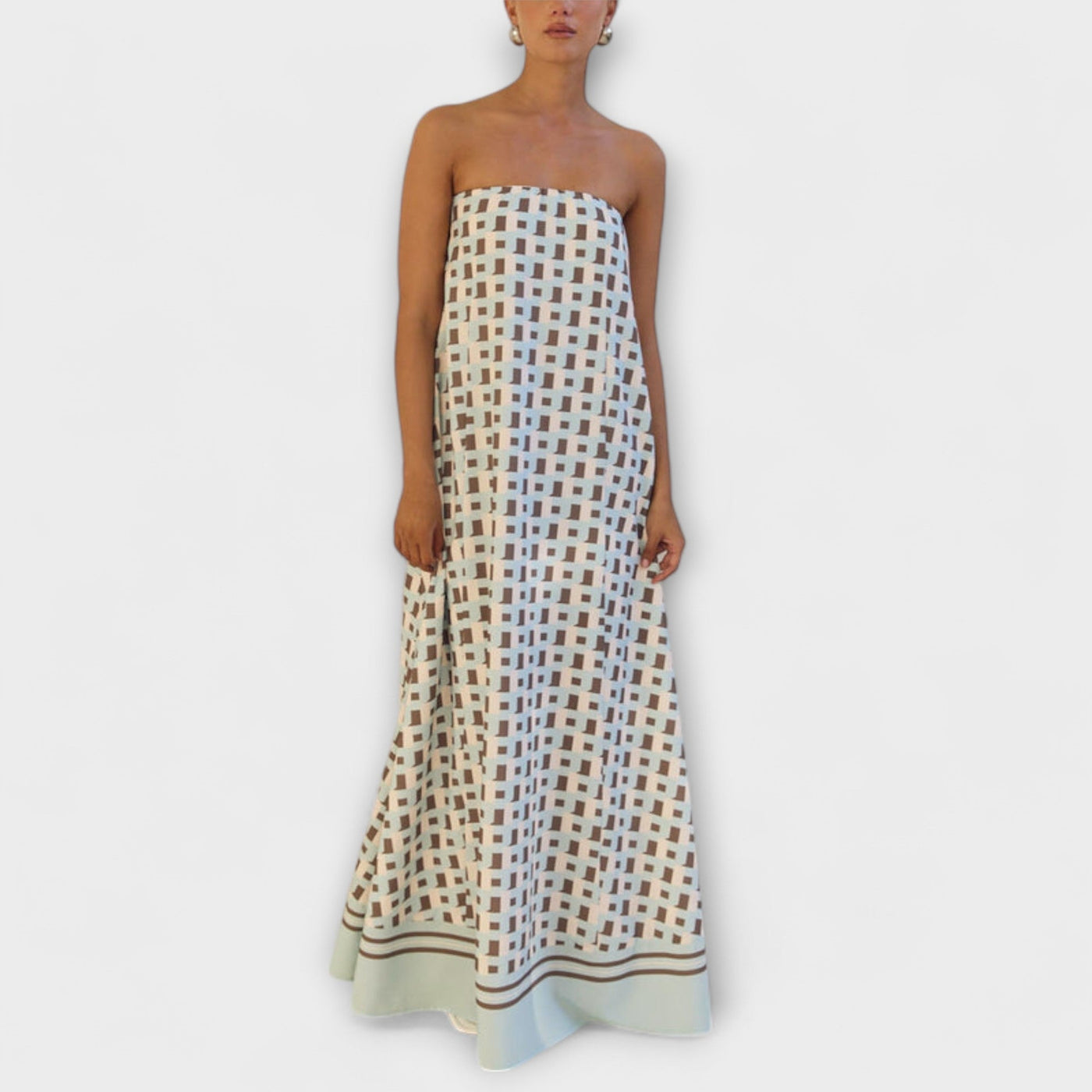 Hazel - Vestido Maxi Geométrico Único con Hombros Descubiertos