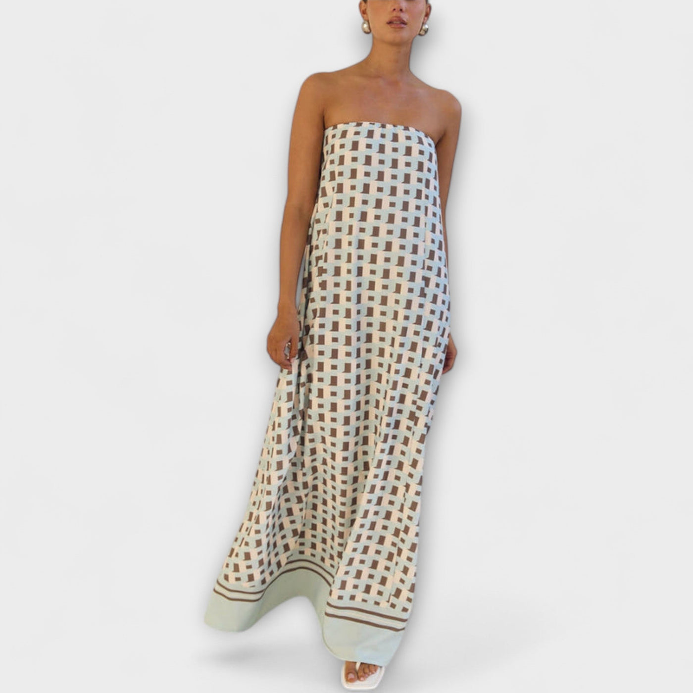 Hazel - Vestido Maxi Geométrico Único con Hombros Descubiertos