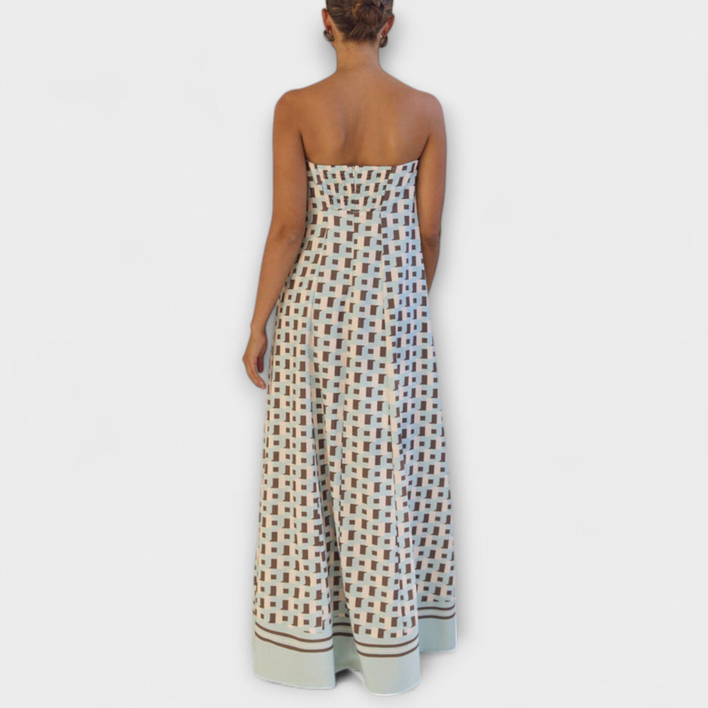 Hazel - Vestido Maxi Geométrico Único con Hombros Descubiertos