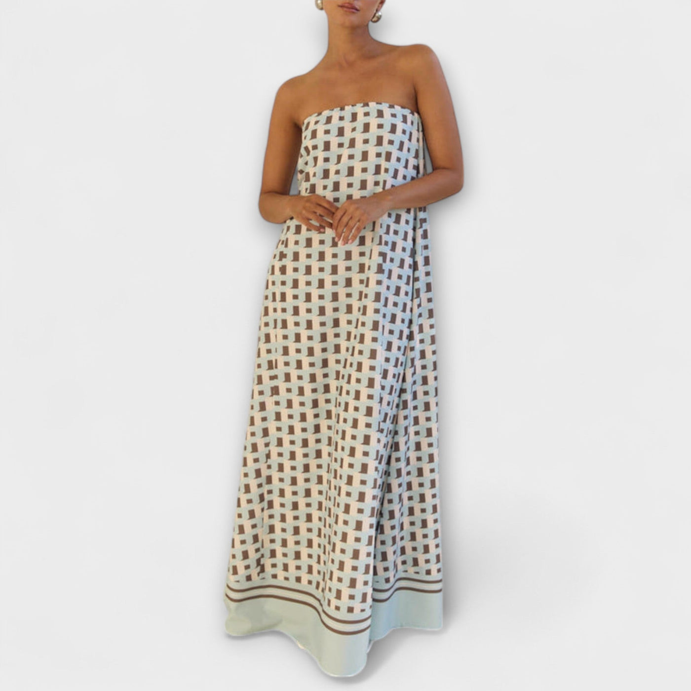 Hazel - Vestido Maxi Geométrico Único con Hombros Descubiertos