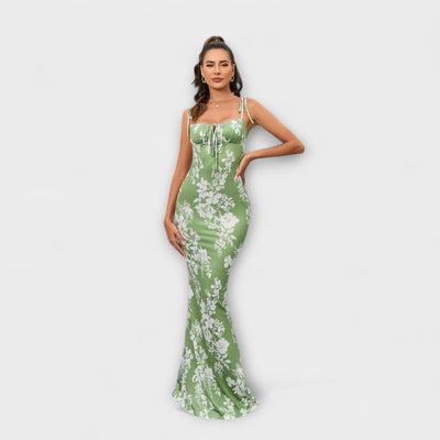 Thalia - Vestido de Prom con Estampado Floral y Tirantes Atados