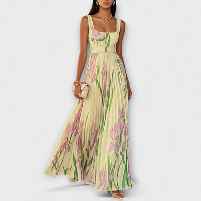 Vestido Maxi de Chiffón Floral Doblado