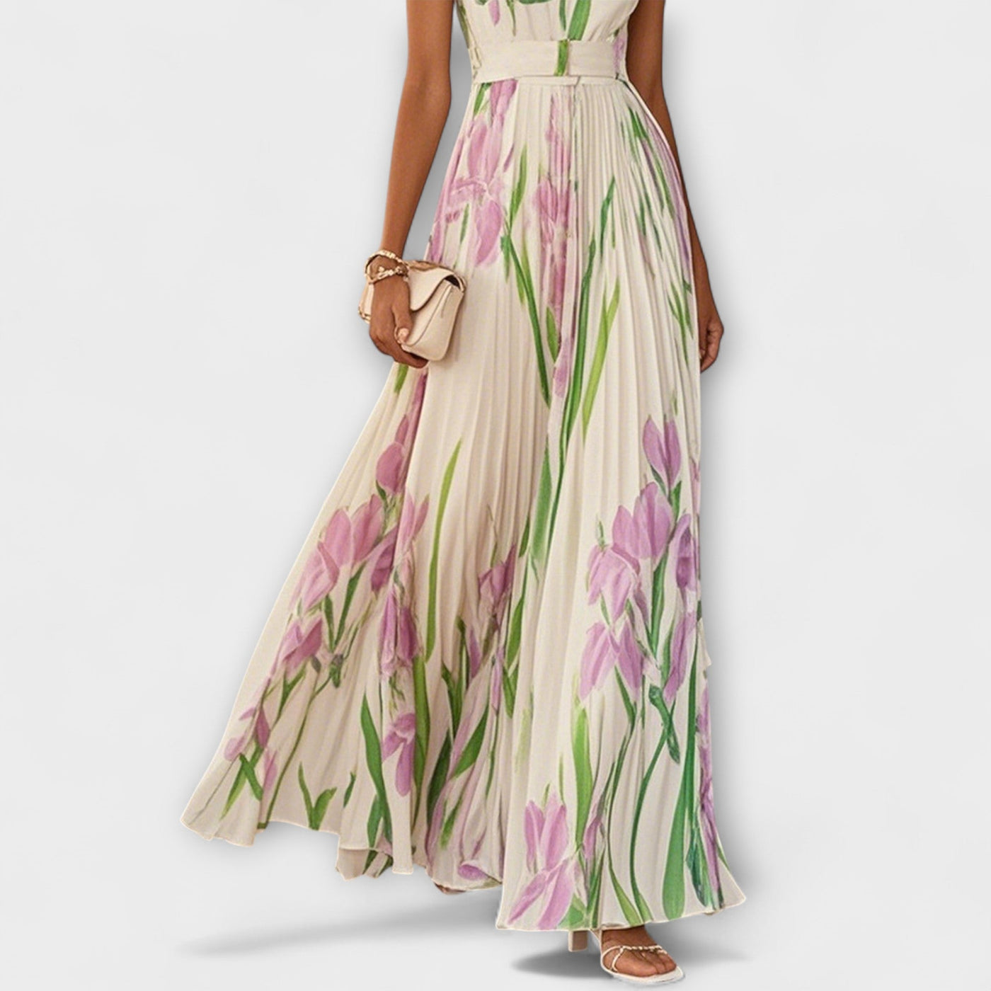 Vestido Maxi de Chiffón Floral Doblado