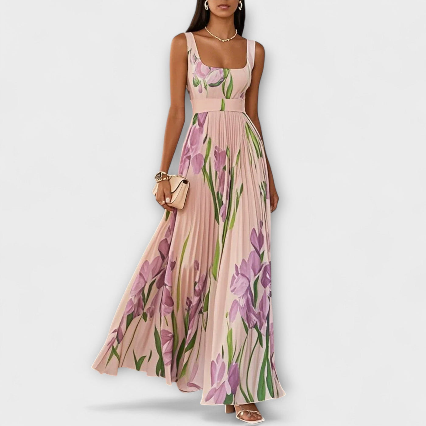Vestido Maxi de Chiffón Floral Doblado