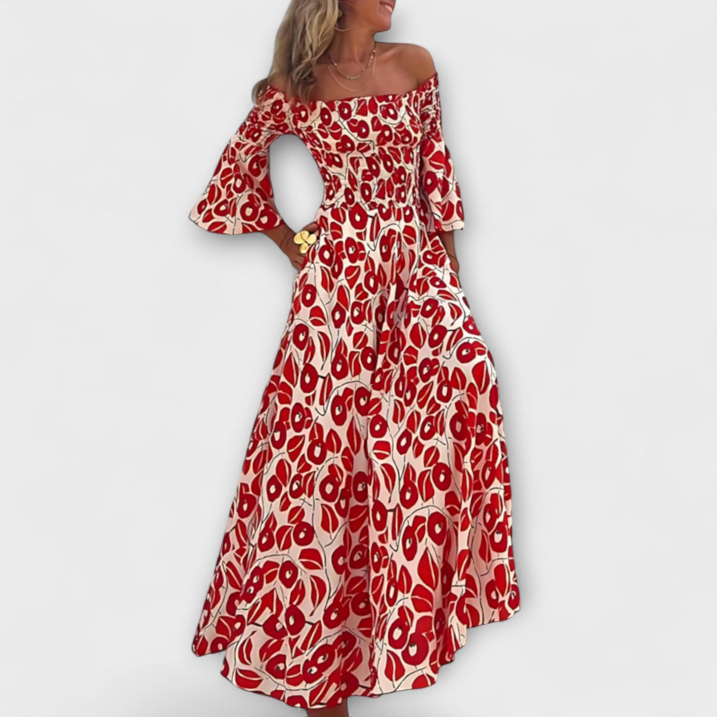 Bella - Vestido Off-Shoulder con Flores del Océano