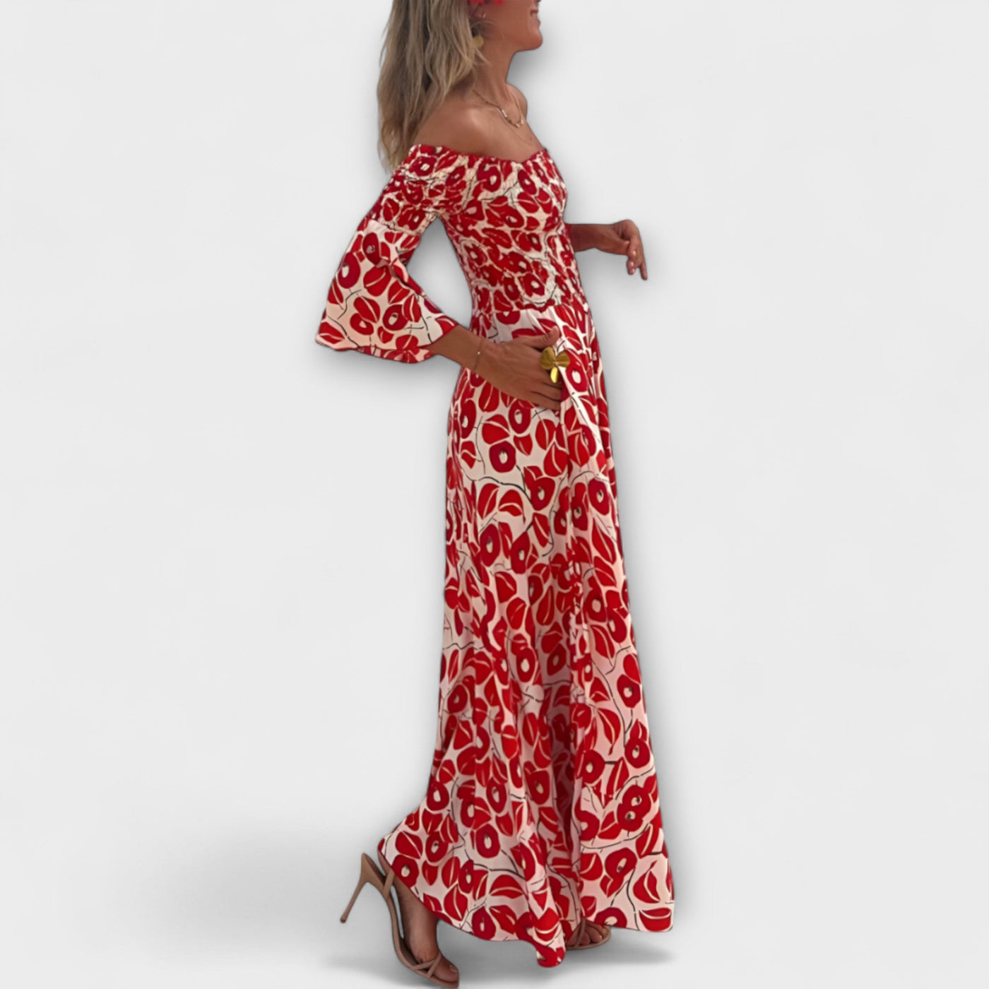 Bella - Vestido Off-Shoulder con Flores del Océano