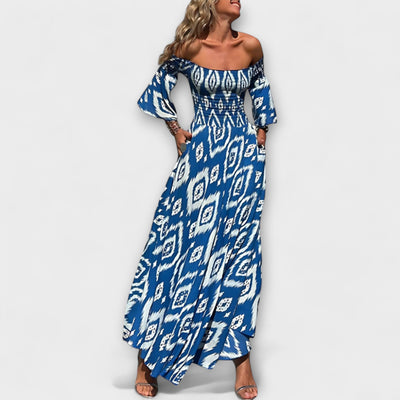 Bella - Vestido Off-Shoulder con Flores del Océano