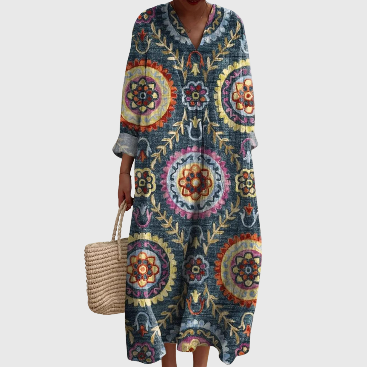 Amara | Vestido Maxi de Cuello en V Boho Medallón