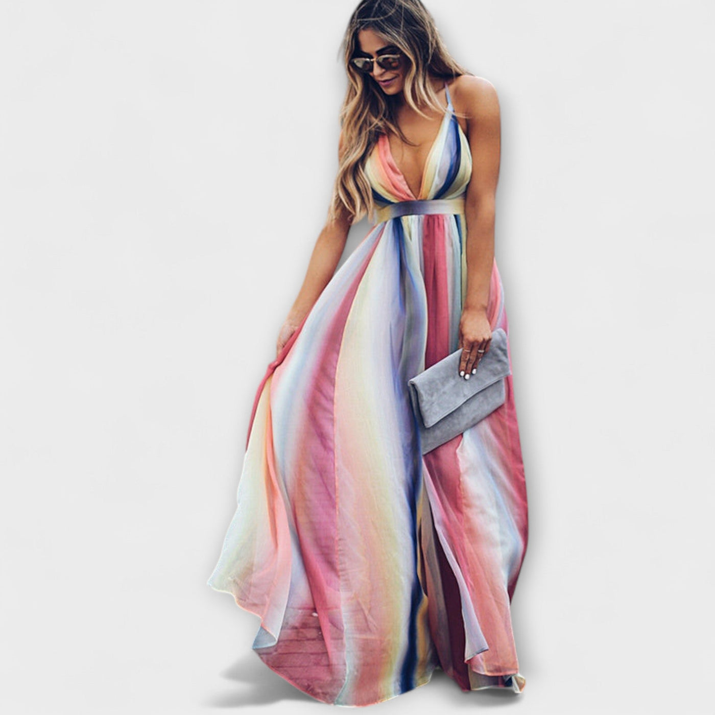 Vestido de Mujer a Rayas Multicolores con Escote en V