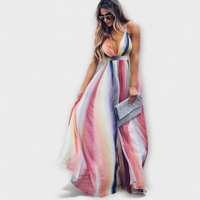 Vestido de Mujer a Rayas Multicolores con Escote en V