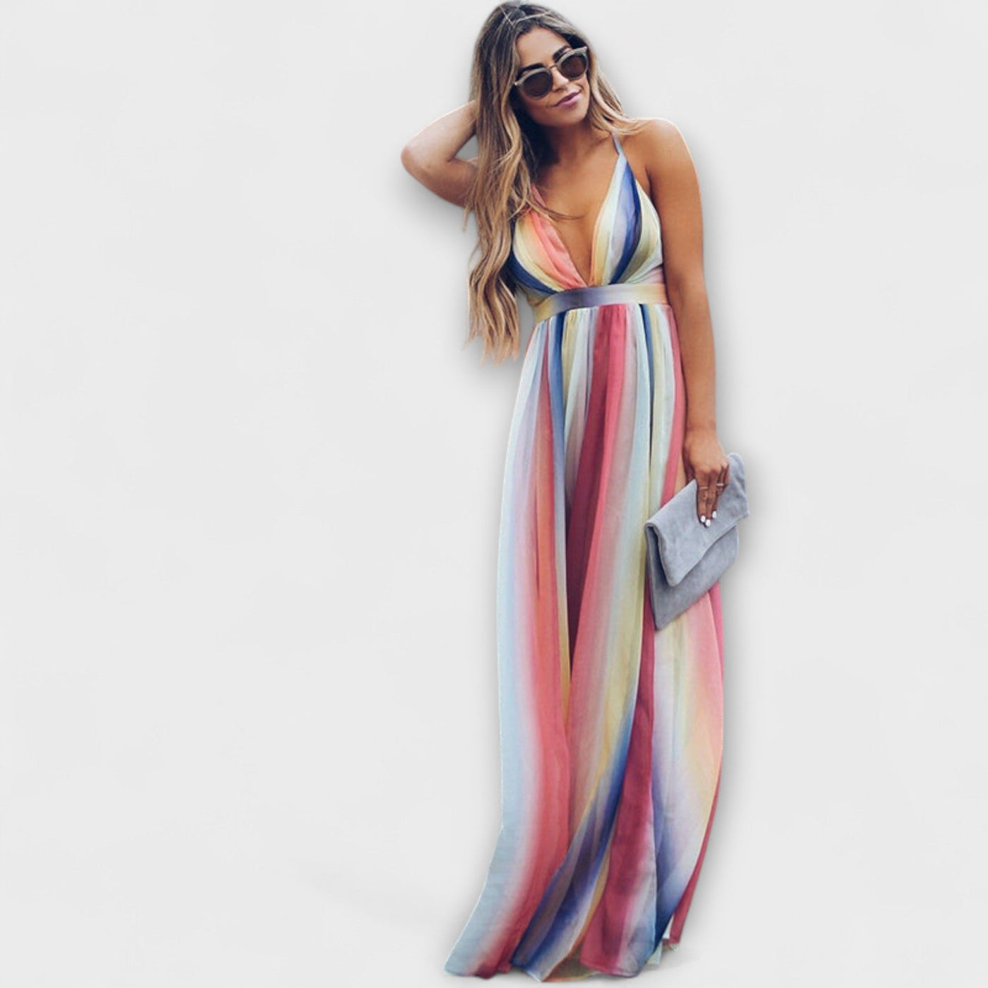 Vestido de Mujer a Rayas Multicolores con Escote en V