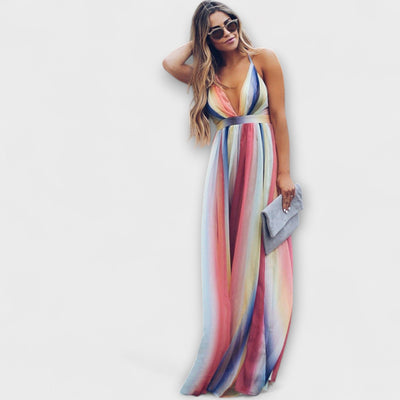 Vestido de Mujer a Rayas Multicolores con Escote en V