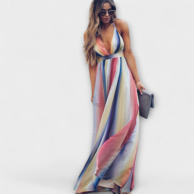 Vestido de Mujer a Rayas Multicolores con Escote en V