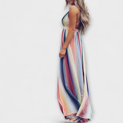 Vestido de Mujer a Rayas Multicolores con Escote en V