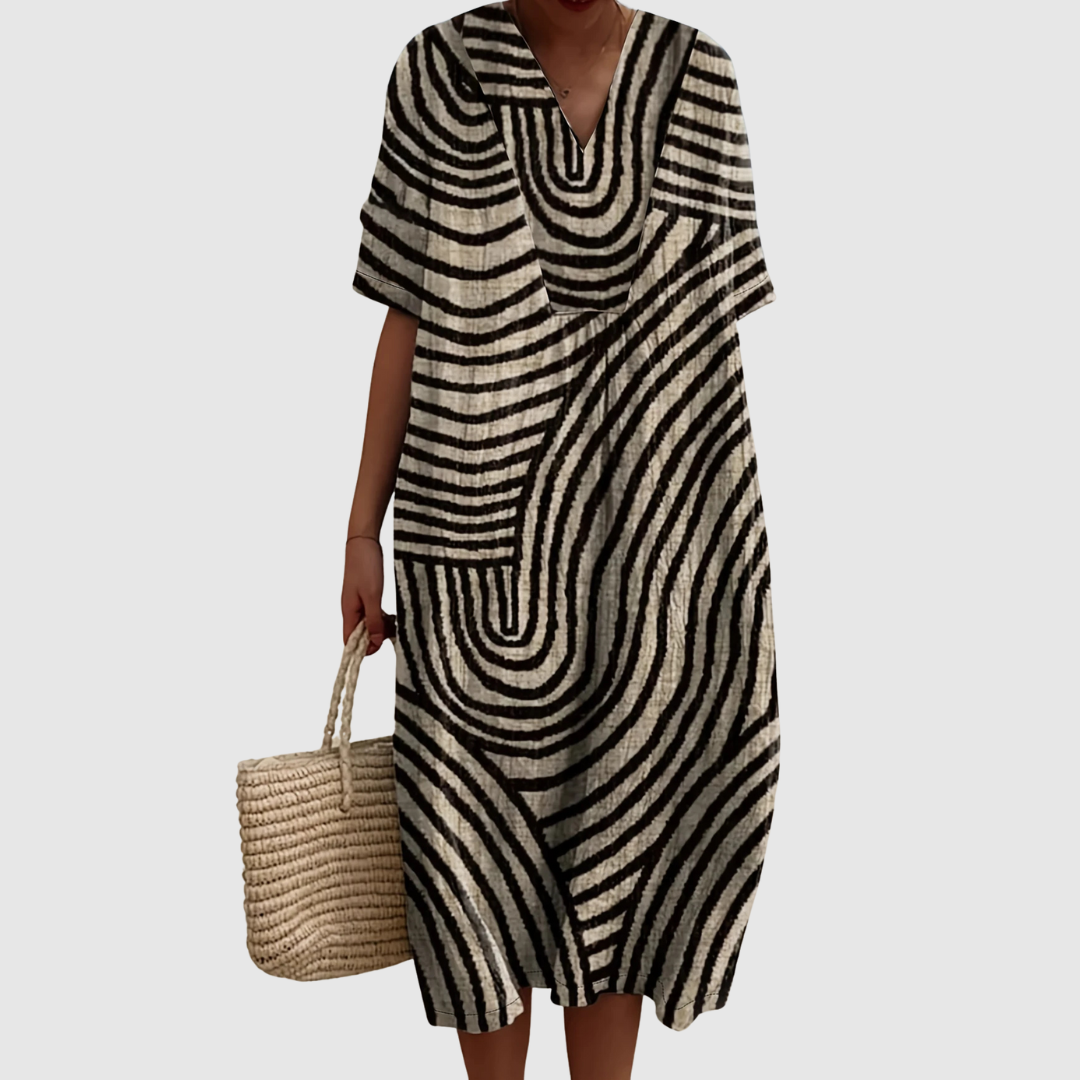 Greta | Vestido Midi con Estampado de Laberinto Monocromático