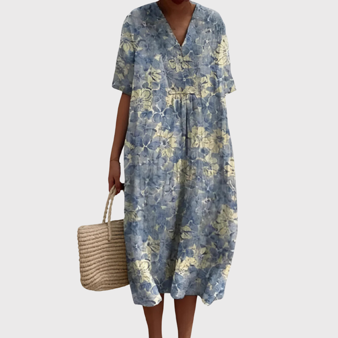 Lena | Vestido Midi con Escote en V de Flores Suaves