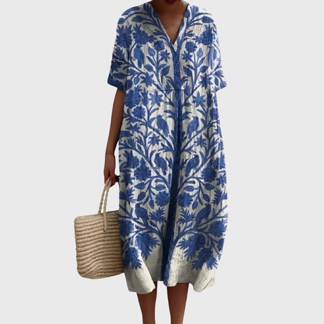 Isobel | Vestido Midi Botánico Azul Delft