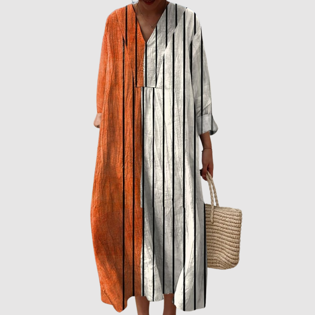 Lara | Vestido Maxi de Rayas Verticales en Rust y Marfil