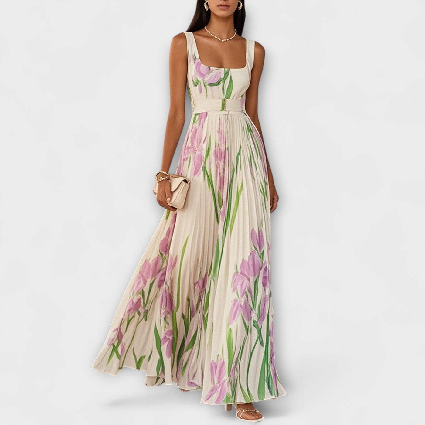 Vestido Maxi de Chiffón Floral Doblado