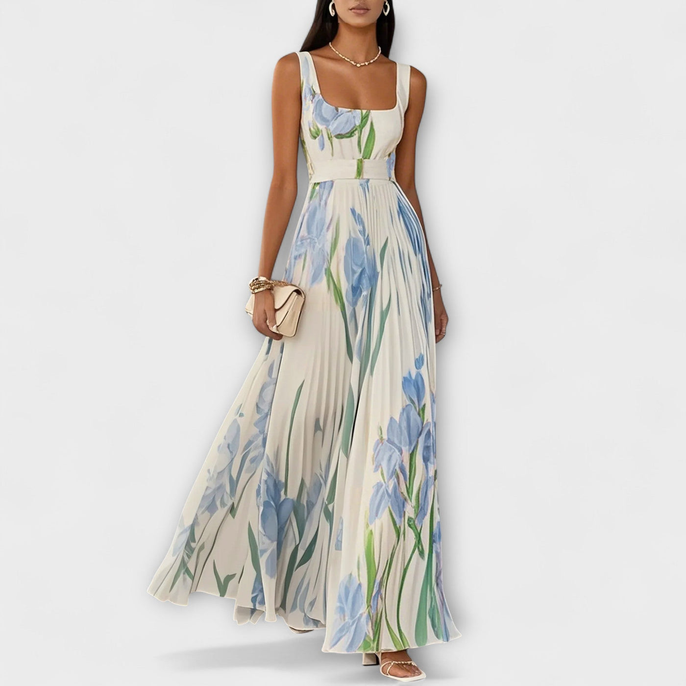 Vestido Maxi de Chiffón Floral Doblado