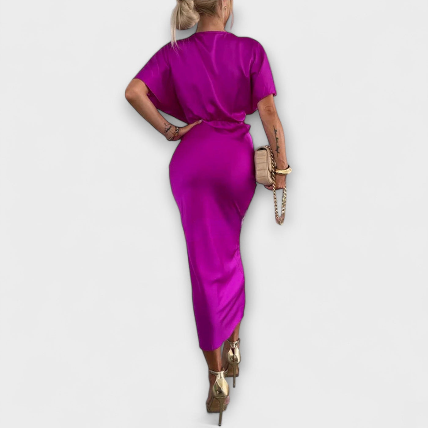 Sable - Vestido Maxi Ajustado de Satén Sólido con Escote en V y Nudo Cruzado