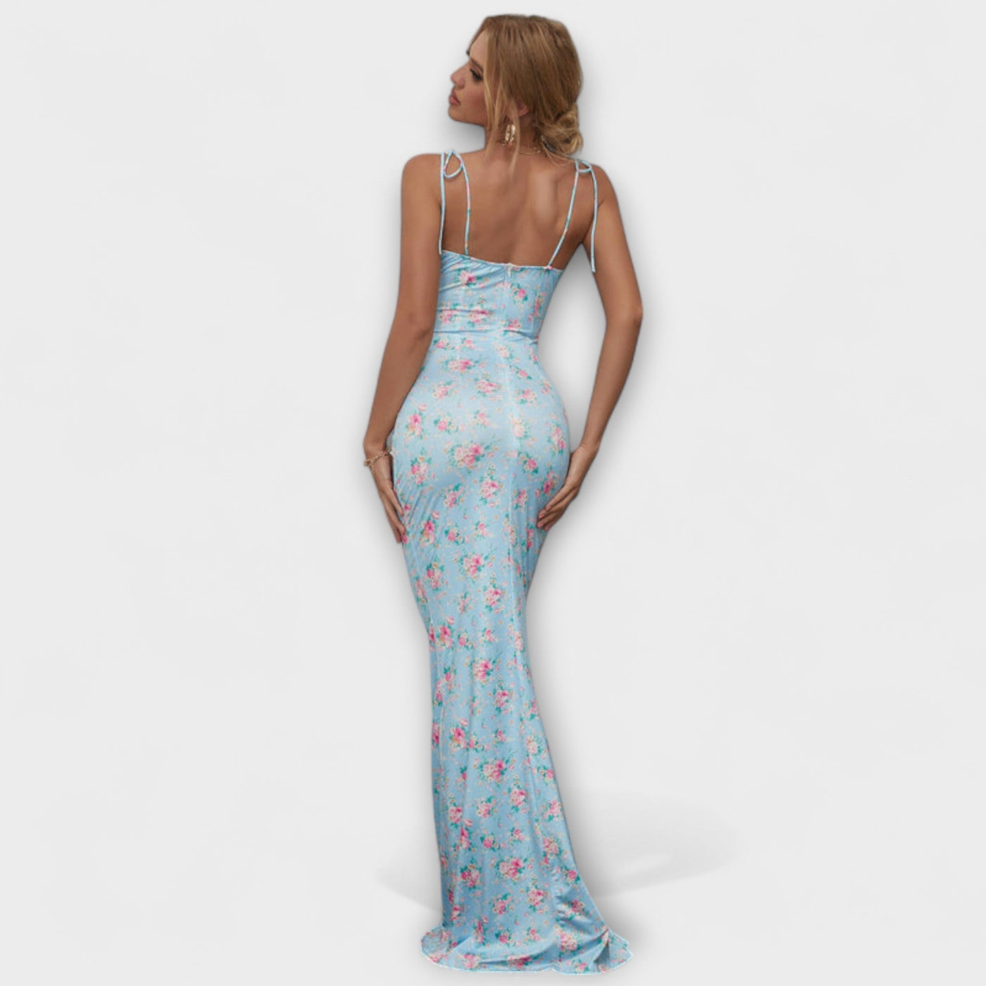 Thalia - Vestido de Prom con Estampado Floral y Tirantes Atados