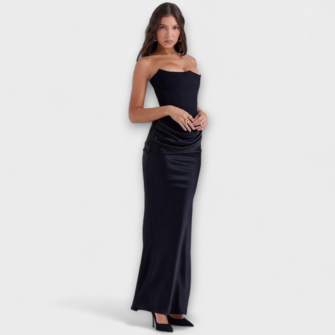 Vestido Maxi de Satén Off-the-Shoulder con Draping